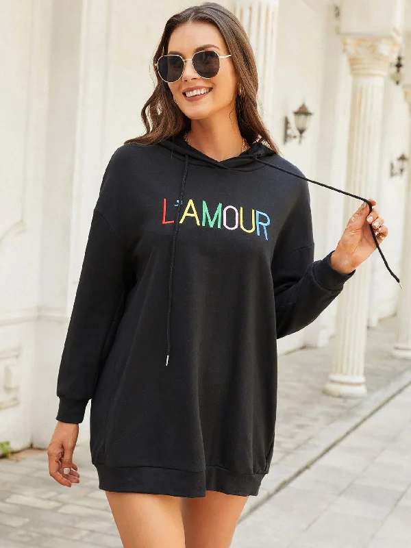 Casual Letter Drawstring Long Sleeve Hooded Long Women Sweatshirt Cozy Women's Winter