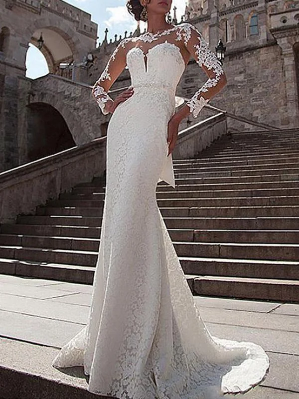 Wedding Dress Lace Illusion Neck Long Sleeves Mermaid Bridal Gowns With Court Train Sporty Women's Athleisure 
