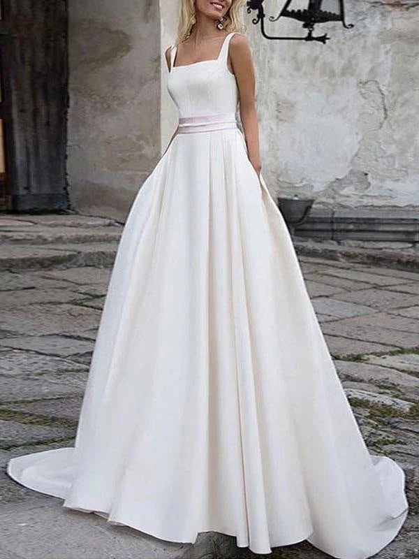 Simple Wedding Dress Satin Fabric Square Neck Sleeveless Sash A Line Bridal Gowns Practical Women's Multi - 