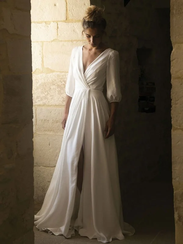 White Wedding Dresses With Train A Line Floor Length 3/4 Length Sleeves Pleated V Neck Bridal Dresses Street