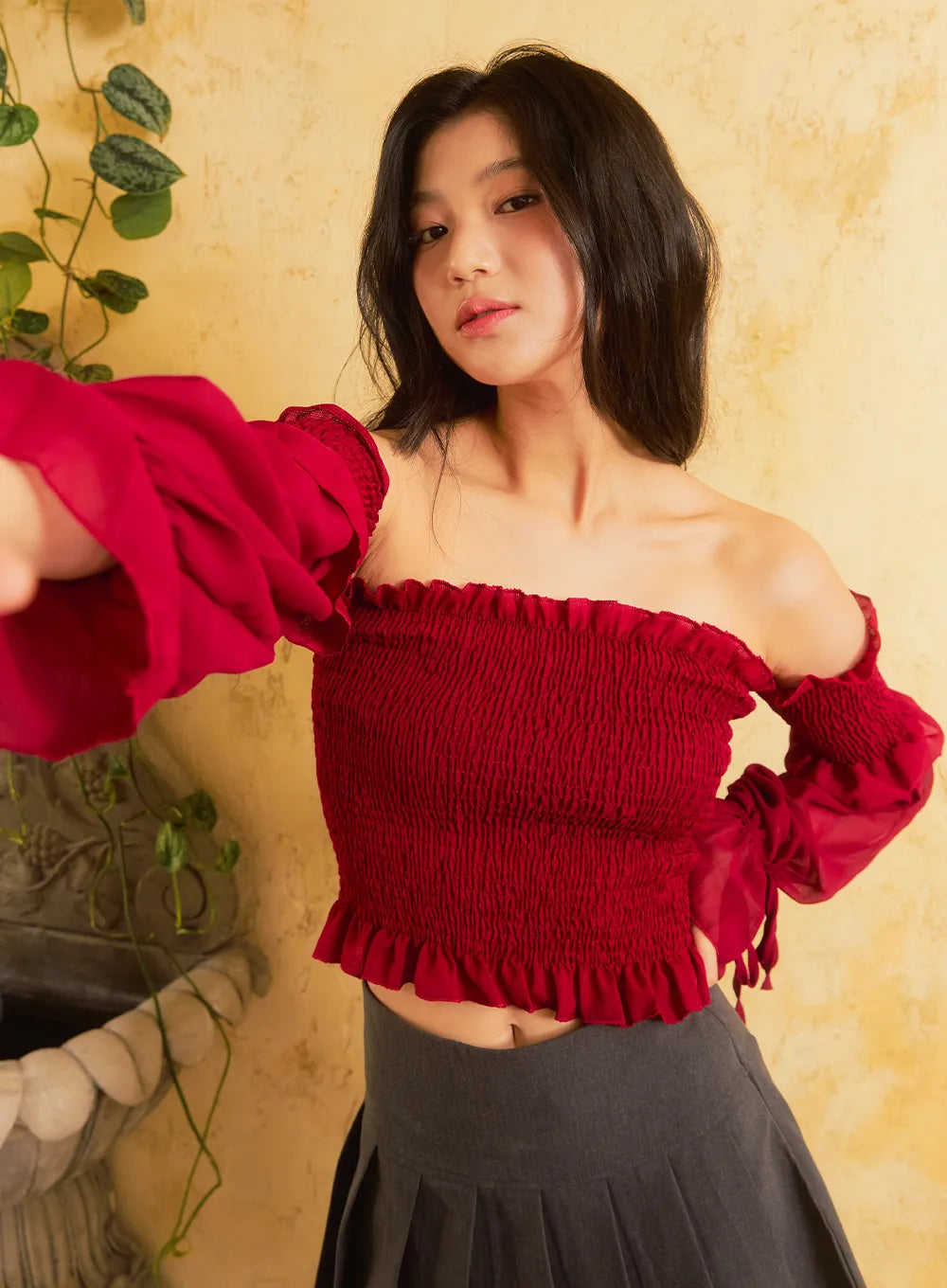 Shirred Off-Shoulder Crop Top IS305 Casual Women's Japanese 