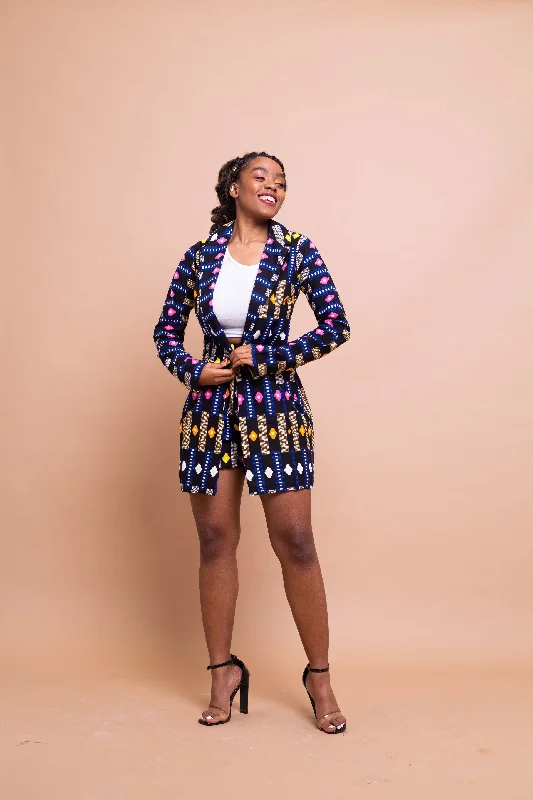 Tanya Ankara long Jacket | Black and Blue African Print Compression