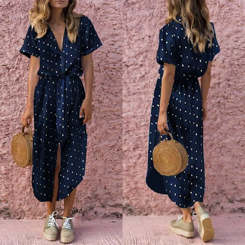 A-line Bohemian V Neck Bow Tie Polka-dot Dress Practical Women's Quick - dry