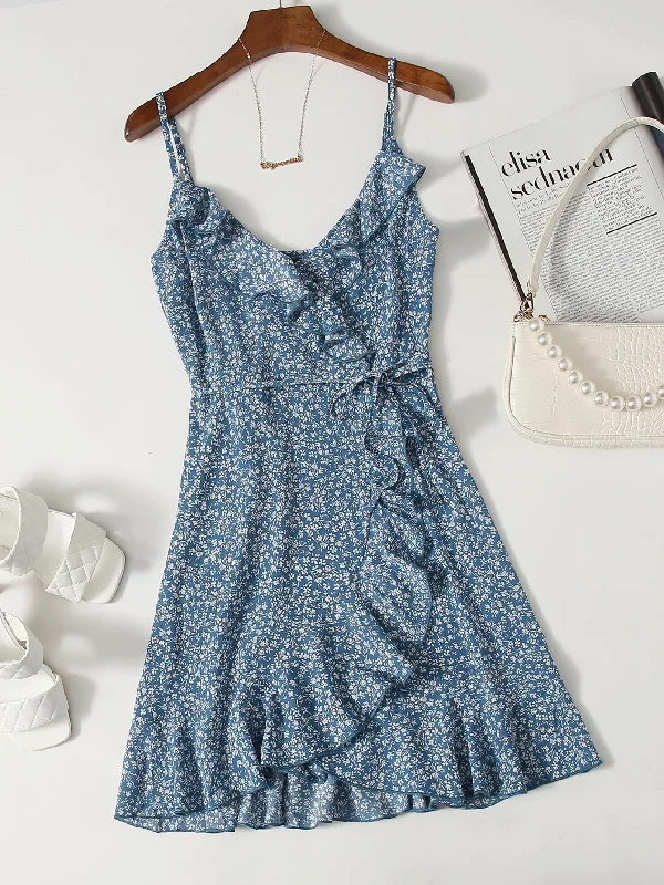 Ditsy Floral Belted Spaghetti Strap Wrap High Waist Short Dress Artistic Women's Avant - 