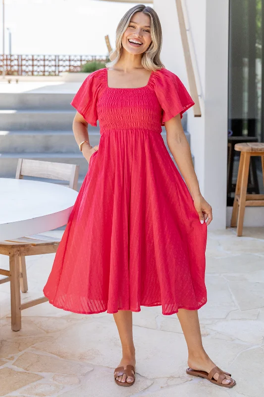 Jasmine Shirred Midi Dress Red Practical Women's Multi - 