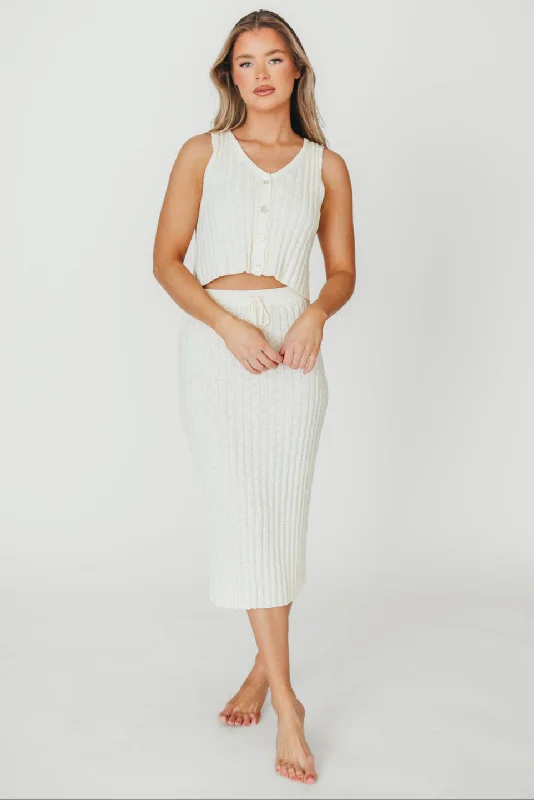 Daisy Sleeveless Ribbed Knit Top and Midi Skirt Set in Cream - Nursing Friendly Polished Women's Silk