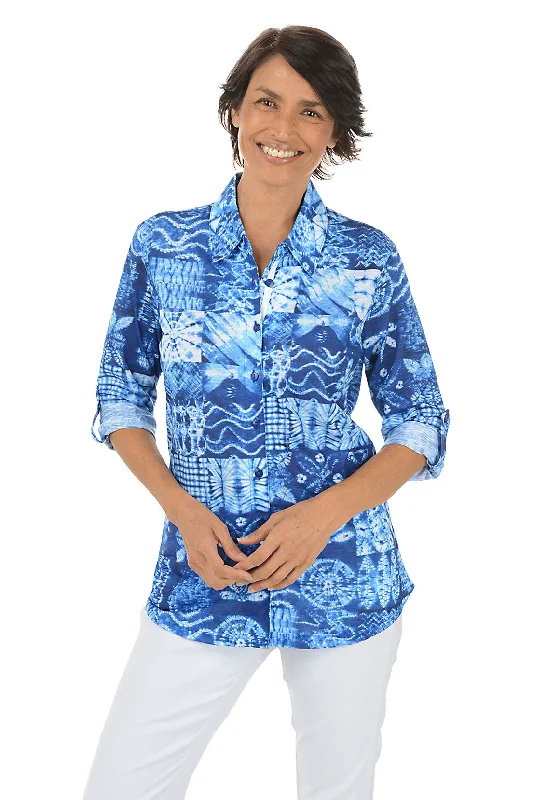 Shibori Patches Button-Front Shirt Refined Women's Hand - crafted