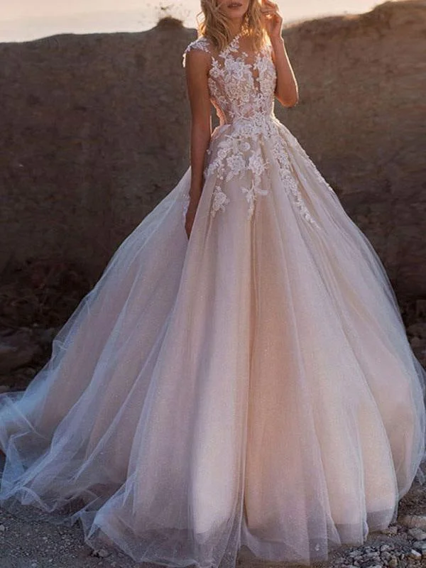 Wedding Dresses 2021 Princess Silhouette Jewel Neck Sleeveless Natural Waist Lace Soft Tulle Bridal Gowns Vintage Women's 1970S 