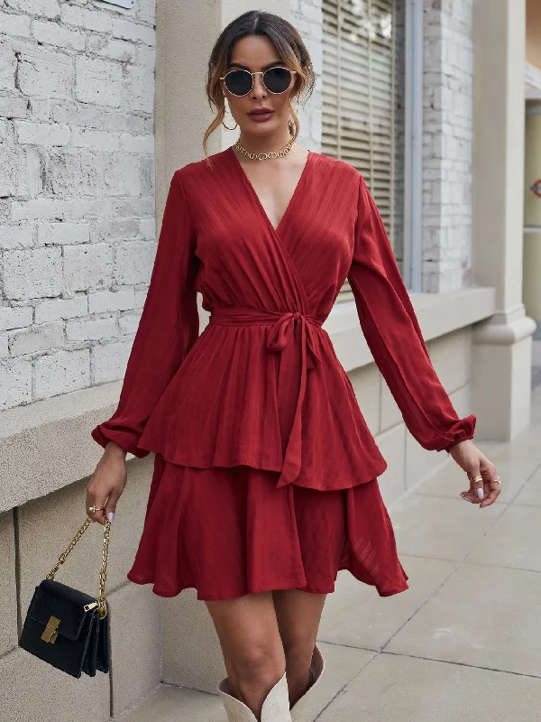 Plain Belted Long Sleeve V Neck Layered/Tiered High Waist Short Dress purpose