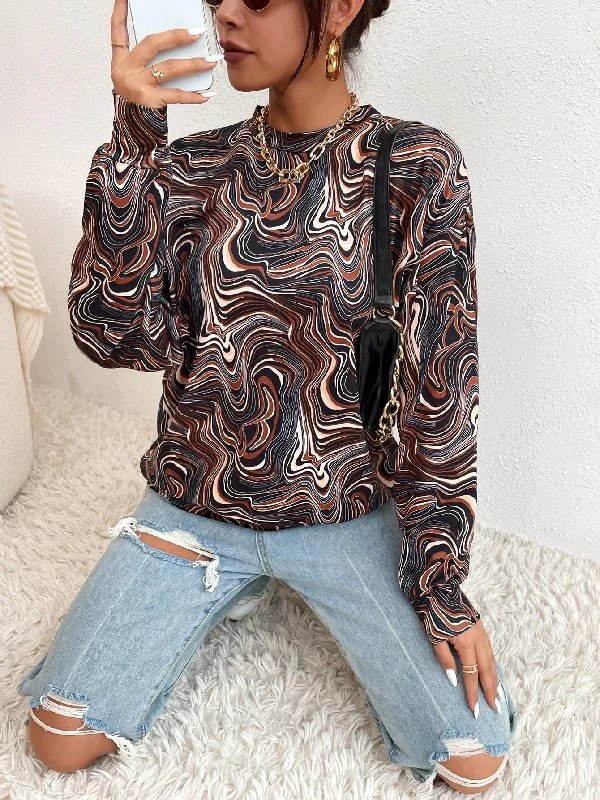 Casual Marble Long Sleeve Stand Collar Regular Women Sweatshirt Sophisticated Women's 