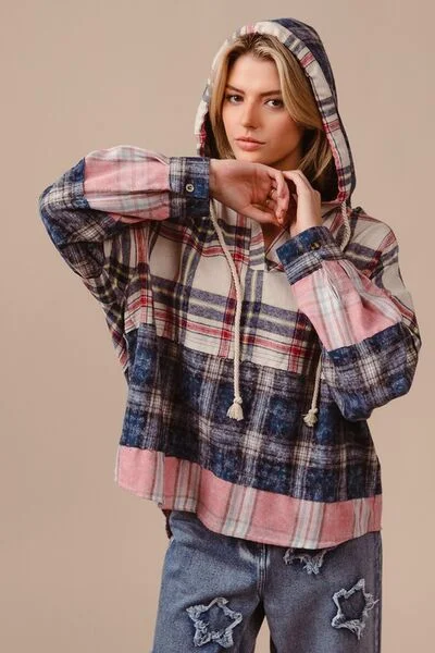 BiBi Drawstring Plaid Drop Shoulder Hoodie Vacation
