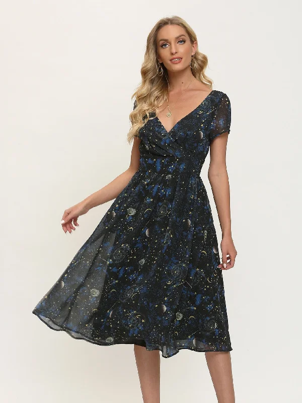 Galaxy Zipper Short Sleeve V Neck Flared High Waist Midi Dress Business