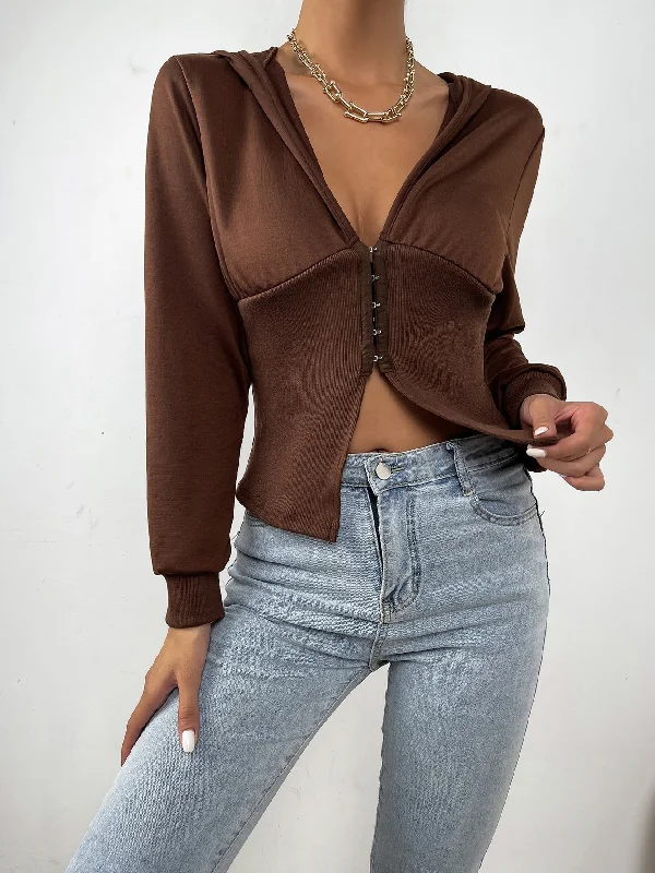 Casual Plain Long Sleeve Hooded Crop Women Sweatshirt Scandinavian