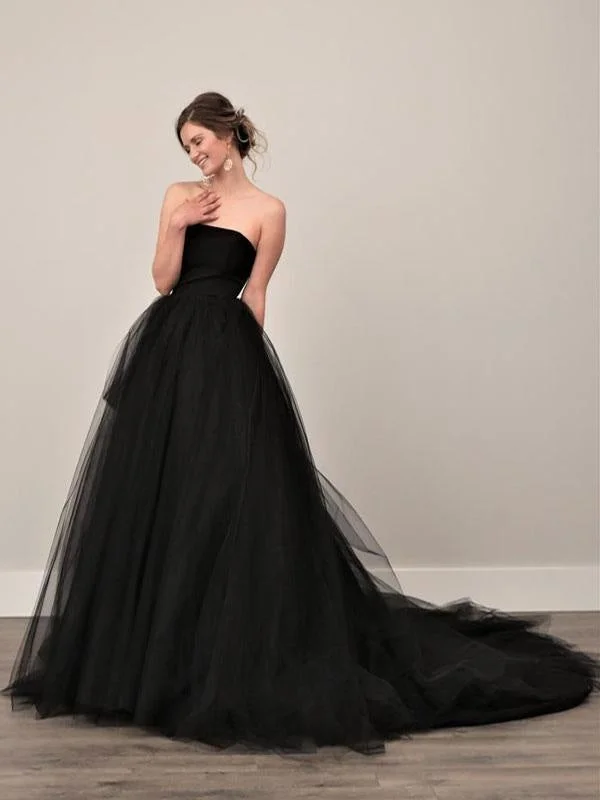 Black Wedding Dresses A-Line Strapless Pleated Taffeta Tulle Chapel Train Bridal Dress Country