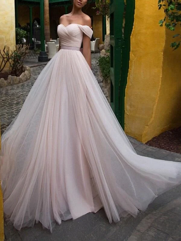 Wedding Dresses 2021 A Line Off The Shoulder Short Sleeves Sash Sweetheart Neck Bridal Dresses Relaxed Women's 