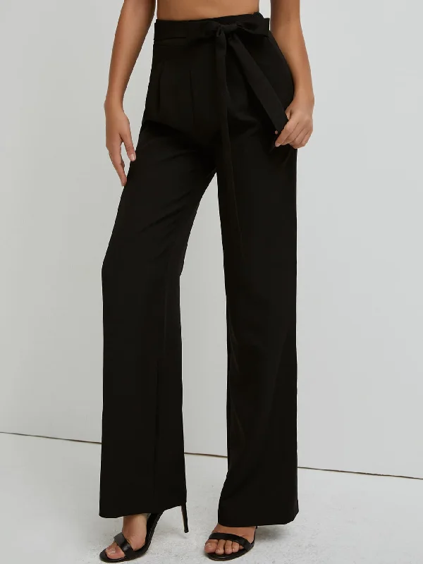 Elegant Plain Belted High Waist Long Women Pants Relaxed Women's Beachy