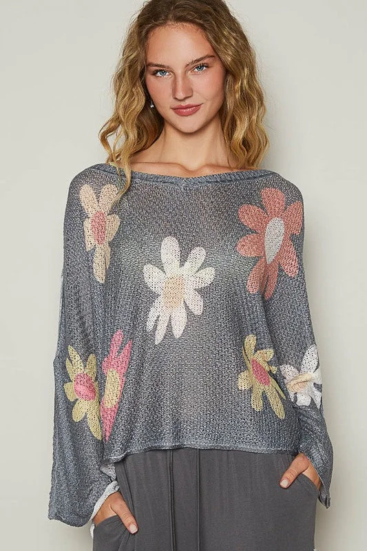 Flower Dropped Shoulder Long Sleeve Knit Top Refined Women's Hand - crafted