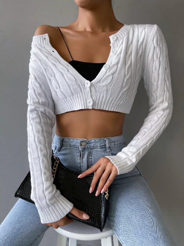 Casual Plain Button Front Long Sleeve Round Neck Crop Women Cardigan Street