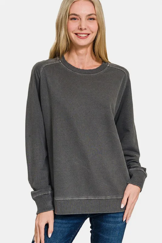 Zenana Full Size Pigment Dyed French Terry Sweatshirt Cool Women's Distressed