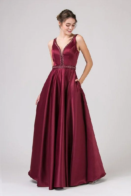 Eureka Fashion - 9010 Sleeveless Beaded Embellished Satin A-Line Gown Geometric