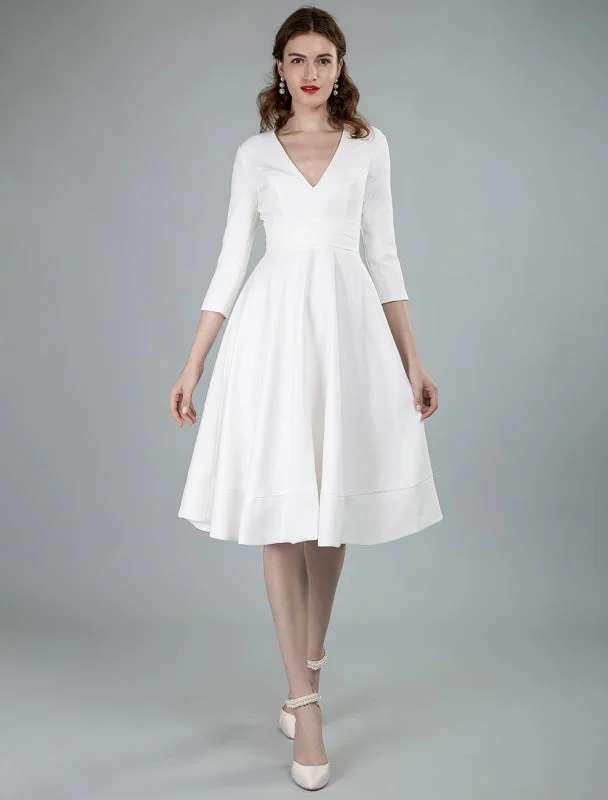 Short Wedding Dresses V Neck 3/4 Length Sleeves A-Line Knee Length Bridal Dress Exclusive performance