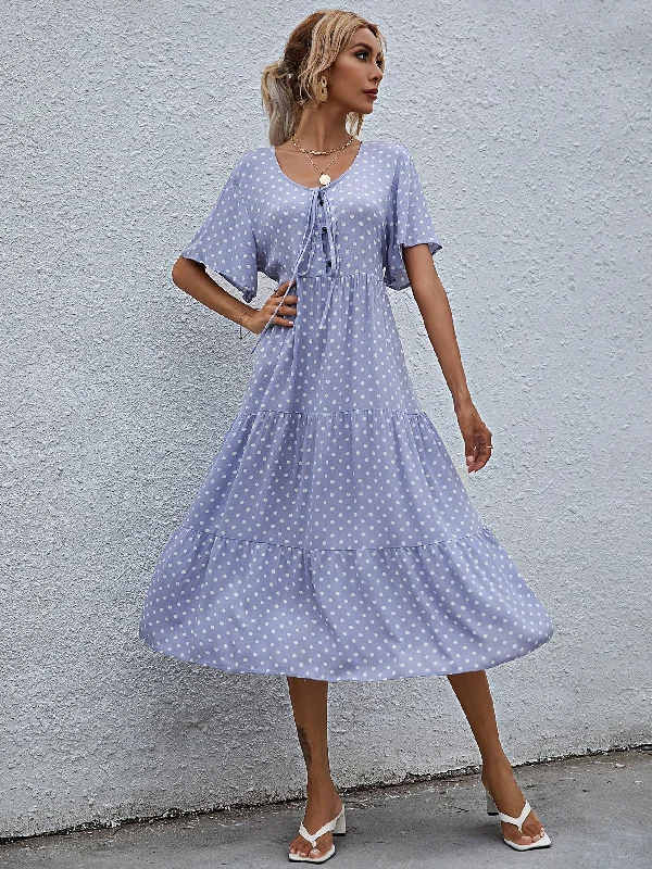 Polka Dot Button Front Short Sleeve Scoop Neck Flounce High Waist Midi Dress Sophisticated Women's 
