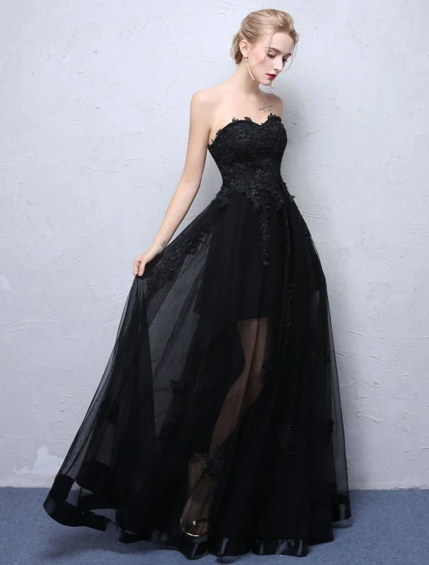 Black Prom Dresses Strapless Long Party Dress Lace Applique Sweetheart Illusion Formal Evening Dress Classic Women's Tweed