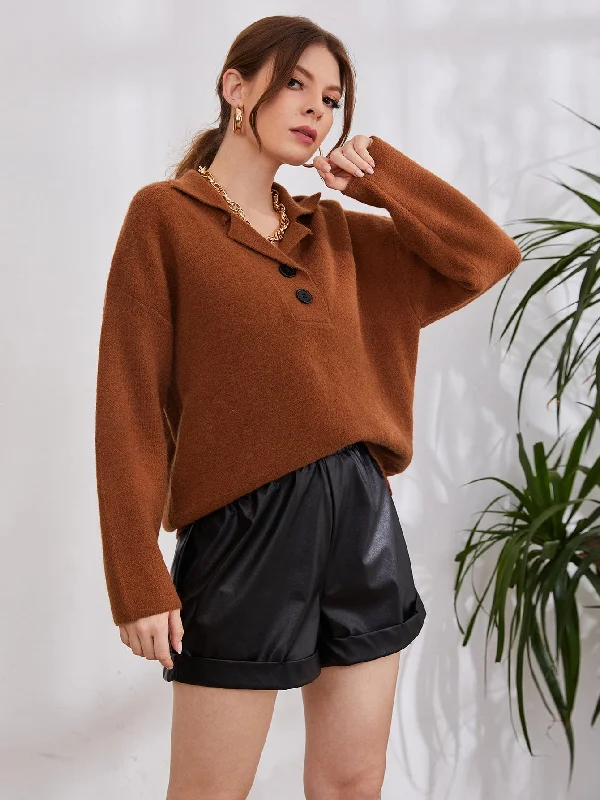 Casual Plain Button Long Sleeve Collar Regular Women Sweater Adventure