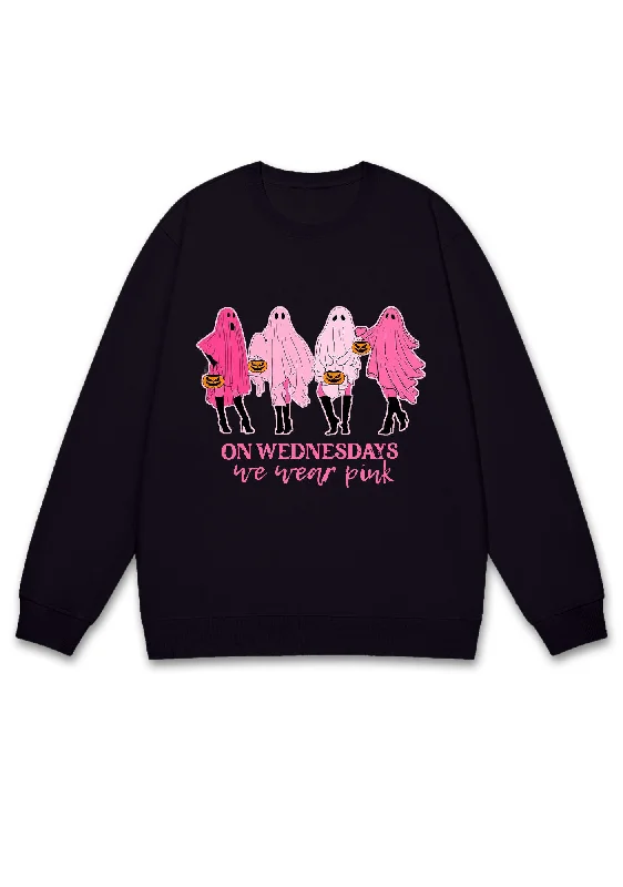 On Wednesday We Wear Pink Ghost Halloween Y2K Sweatshirt Cherrykitten Artistic Women's Hand - painted On Wednesday We Wear Pink Ghost Halloween Y2K Sweatshirt Cherrykitten Artistic Women's Hand - painted