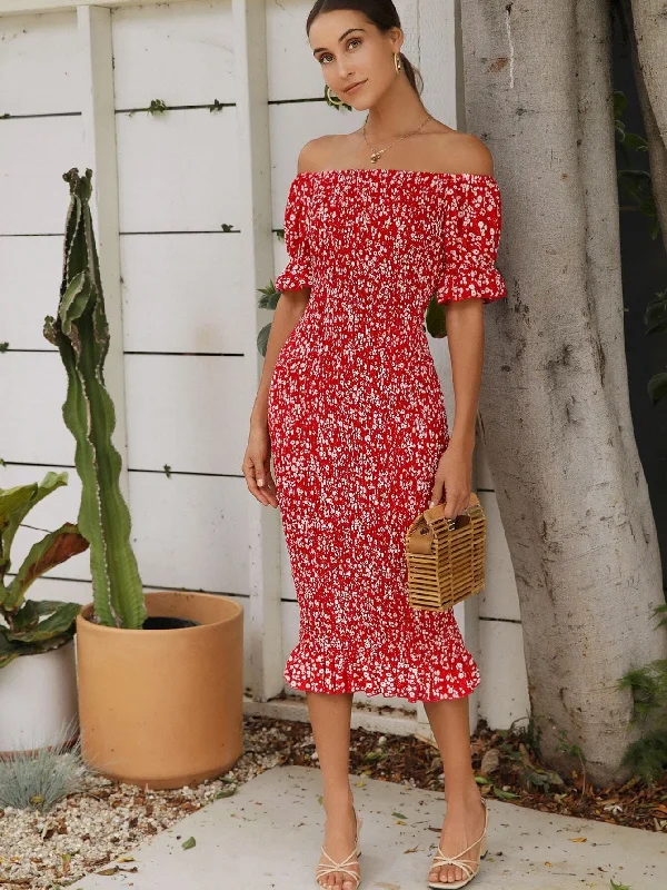 Ditsy Floral Shirred Half Sleeve Off The Shoulder Mermaid Natural Midi Dress Sporty Women's Tennis