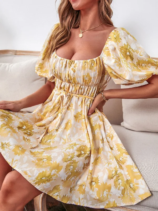 All Over Print Ruched Bust Short Sleeve Scoop Neck Flared High Waist Short Dress Vintage Women's 1970S 