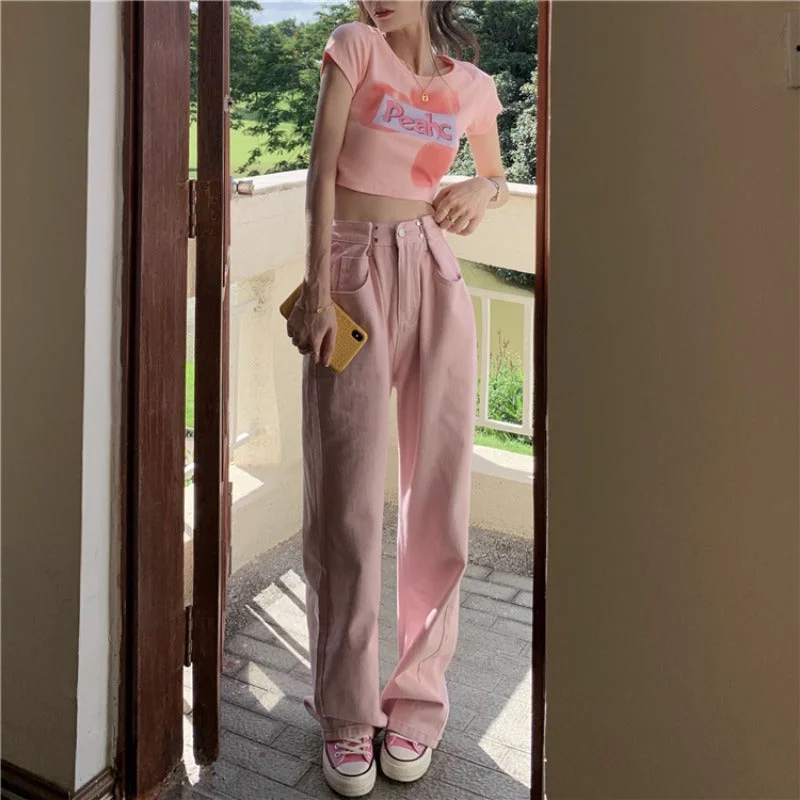 Short-sleeved T-shirt + pink jeans   PL52311 Modern Women's 