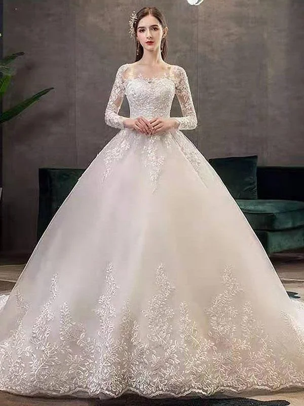 New Vintage Wedding Dresses Eric White Jewel Neck Long Sleeves Natural Waist Satin Fabric Cathedral Train Applique Traditional Dresses For Bride Geometric