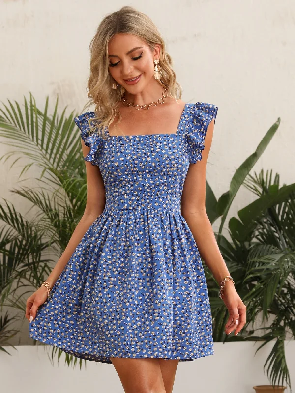Ditsy Floral Tie Back Cap Sleeve Square Neck Flared High Waist Short Dress Adventure