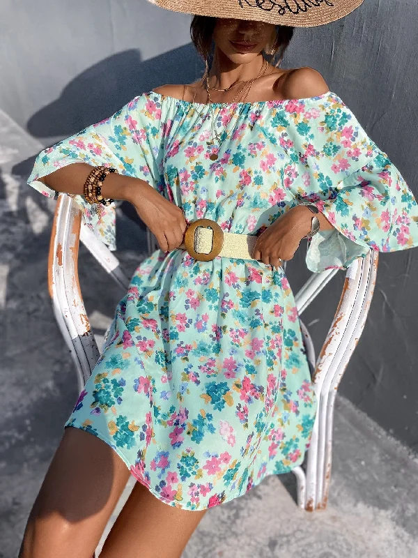 All Over Print Three Quarter Length Sleeve Off The Shoulder Flared High Waist Short Dress Classic Women's Pin - striped