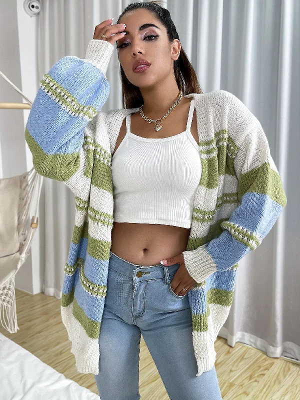 Casual Striped Rib-Knit Long Sleeve Regular Women Cardigan Polished Women's Silk