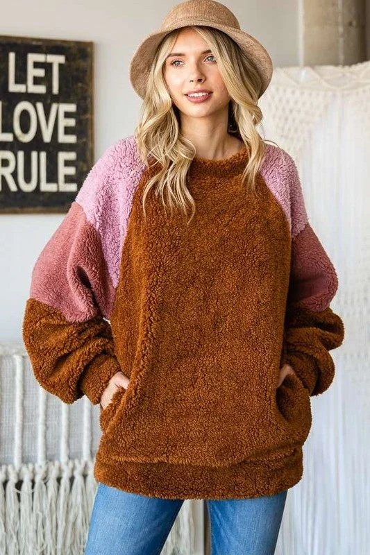 Culture Code Color Block Faux Fur Raglan Sleeve Sweatshirt Minimalist Women's Casual