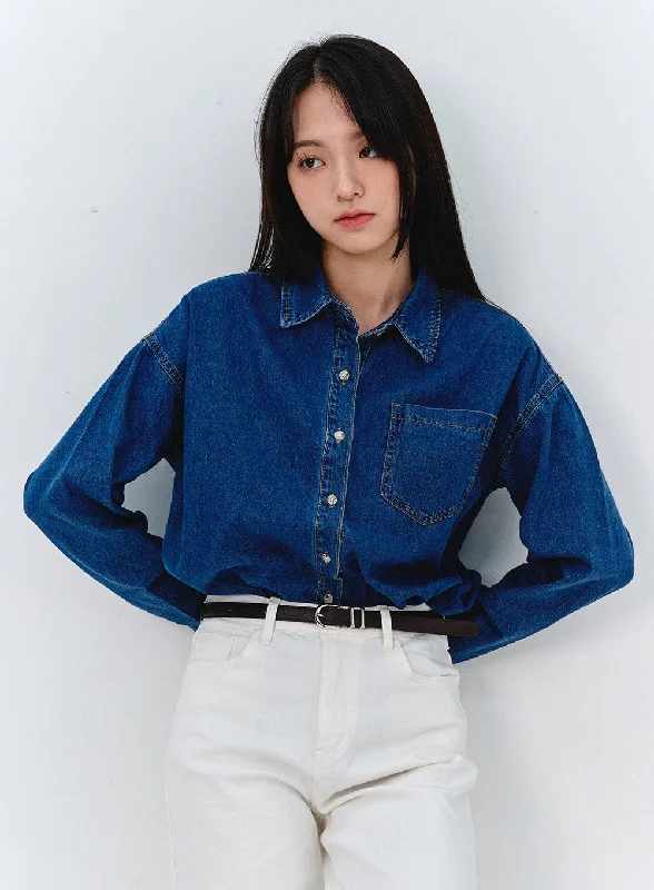 Washed Long Sleeve Denim Shirt OO316 Cozy Women's Sherpa - lined