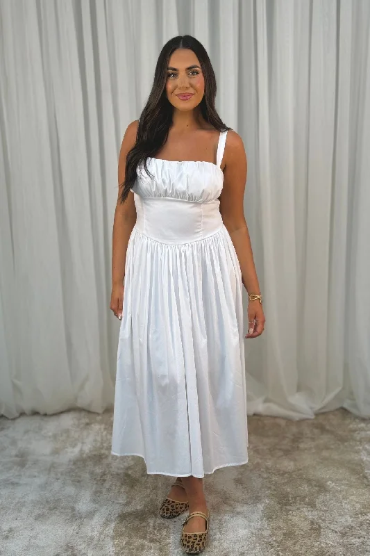 Erica Corset Waist Midi Dress In White Sleek Women's 