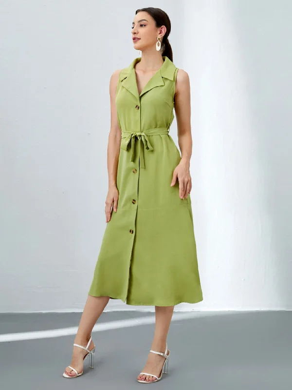Plain Button Front Sleeveless Lapel Flared High Waist Long Dress Hip Women's Retro