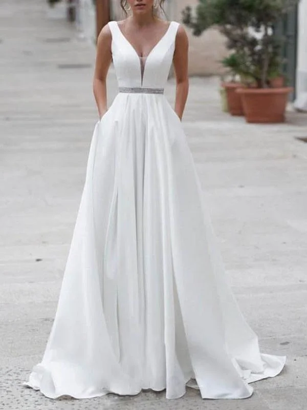 Simple Wedding Dress A Line V Neck Sleeveless Sash Floor Length Bridal Dresses With Train Relaxed Women's Beachy