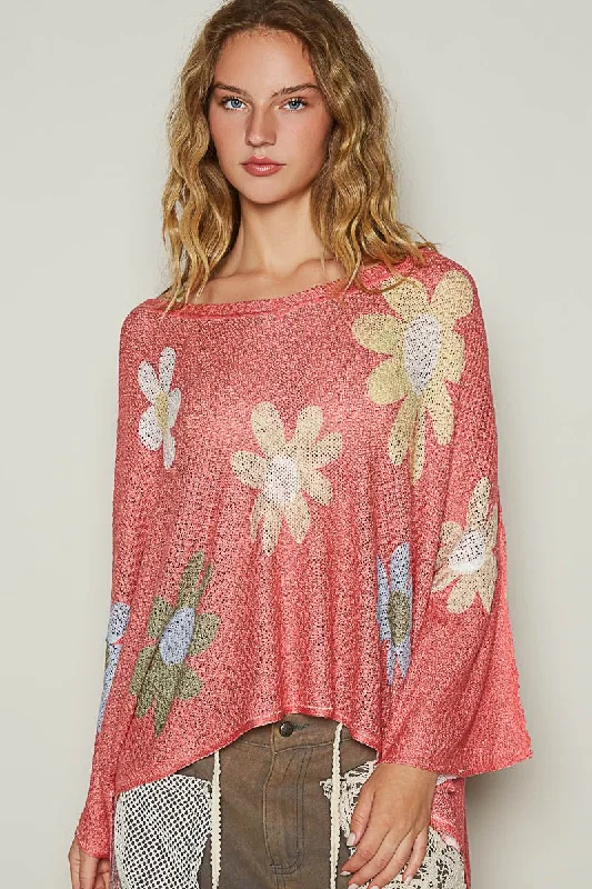 Flower Dropped Shoulder Long Sleeve Knit Top Laid - back Women's Vibe