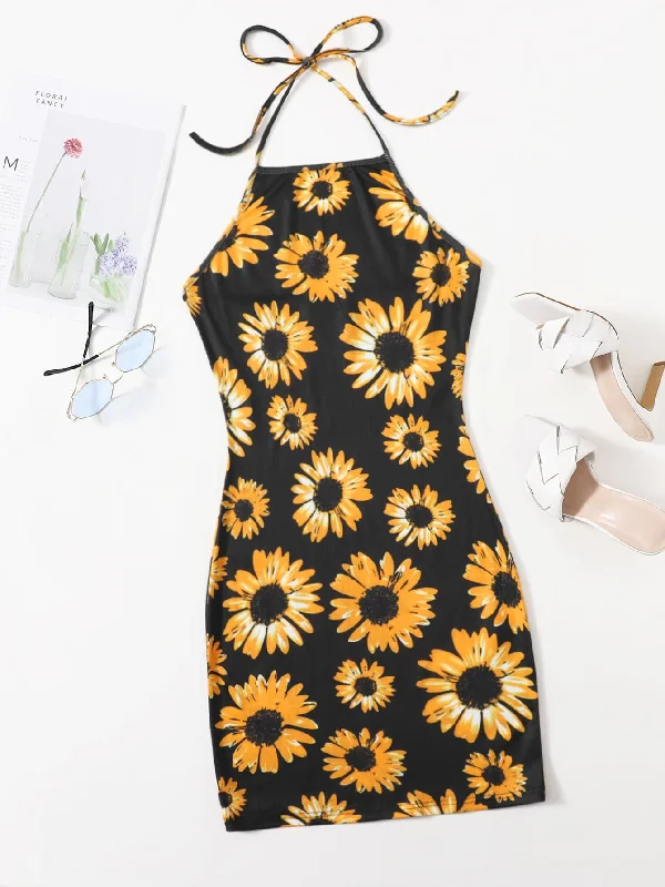 All Over Print Tie Back Sleeveless Halter Pencil Natural Short Womens Dress Traditional Women's Wool