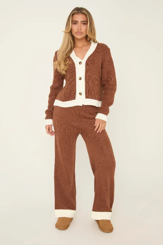 Brown Knit Contrast Button Up Front Cardigan & Straight Leg Trousers Co-ord Set -  Eileen Polished Women's Silk