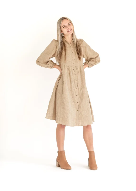 Button Up Textured Taupe Shirt Dress Sleek Women's 