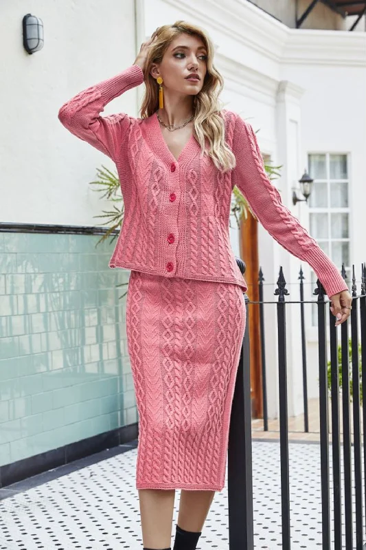 Knit V-Neck Cardigan and Knit Skirt Set Elegant Women's 