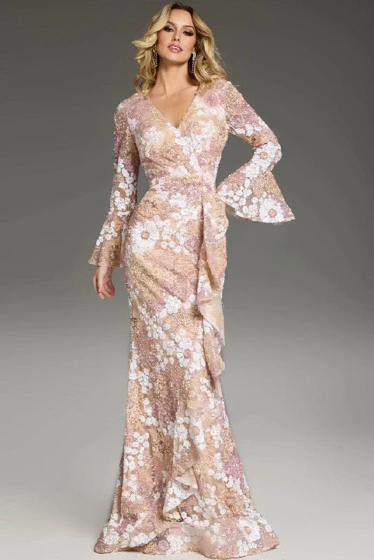 Jovani 39118 - Flared Sleeves Floral Embroidered Prom Gown Trendy Women's 