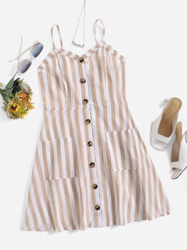 Striped Button Front Sleeveless Spaghetti Strap Flared High Waist Short Womens Dress Bold Women's Statement