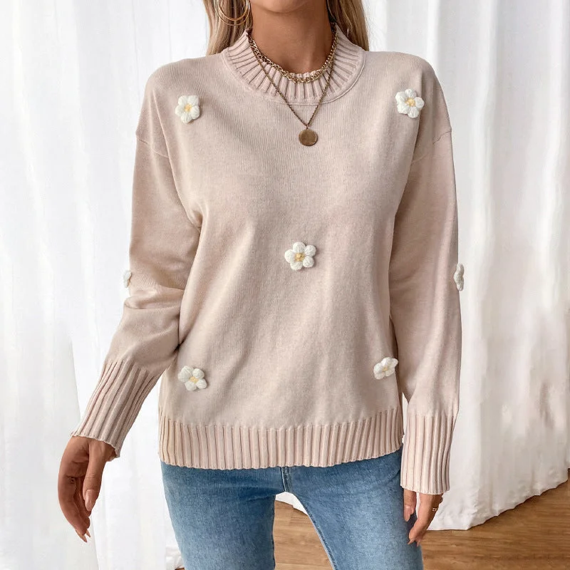 Floral Decor Knit Pullover Crew Neck Sweater Wholesale Womens Clothing N3824091200043 Refined Women's Velvet