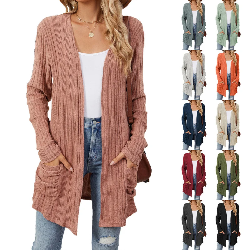 Solid Color Striped Brushed Pocket Cardigan Long Sleeve Sweater Wholesale Womens Clothing N3824072900052 Women